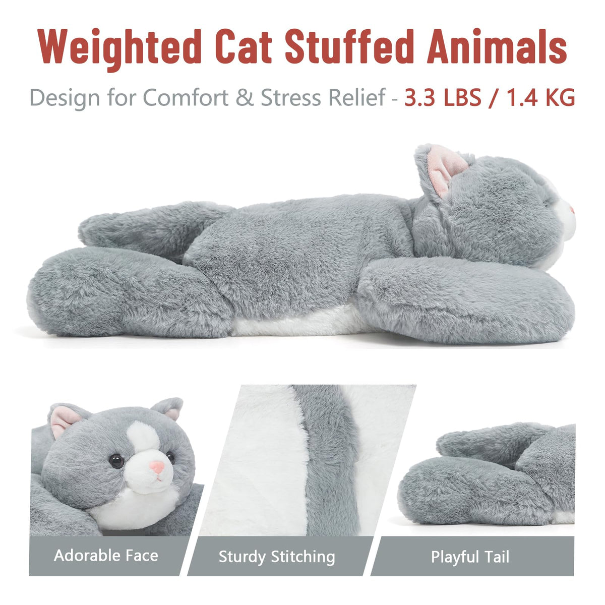 Niuniu Daddy weighted cat plush durable fur and soft stuffing.