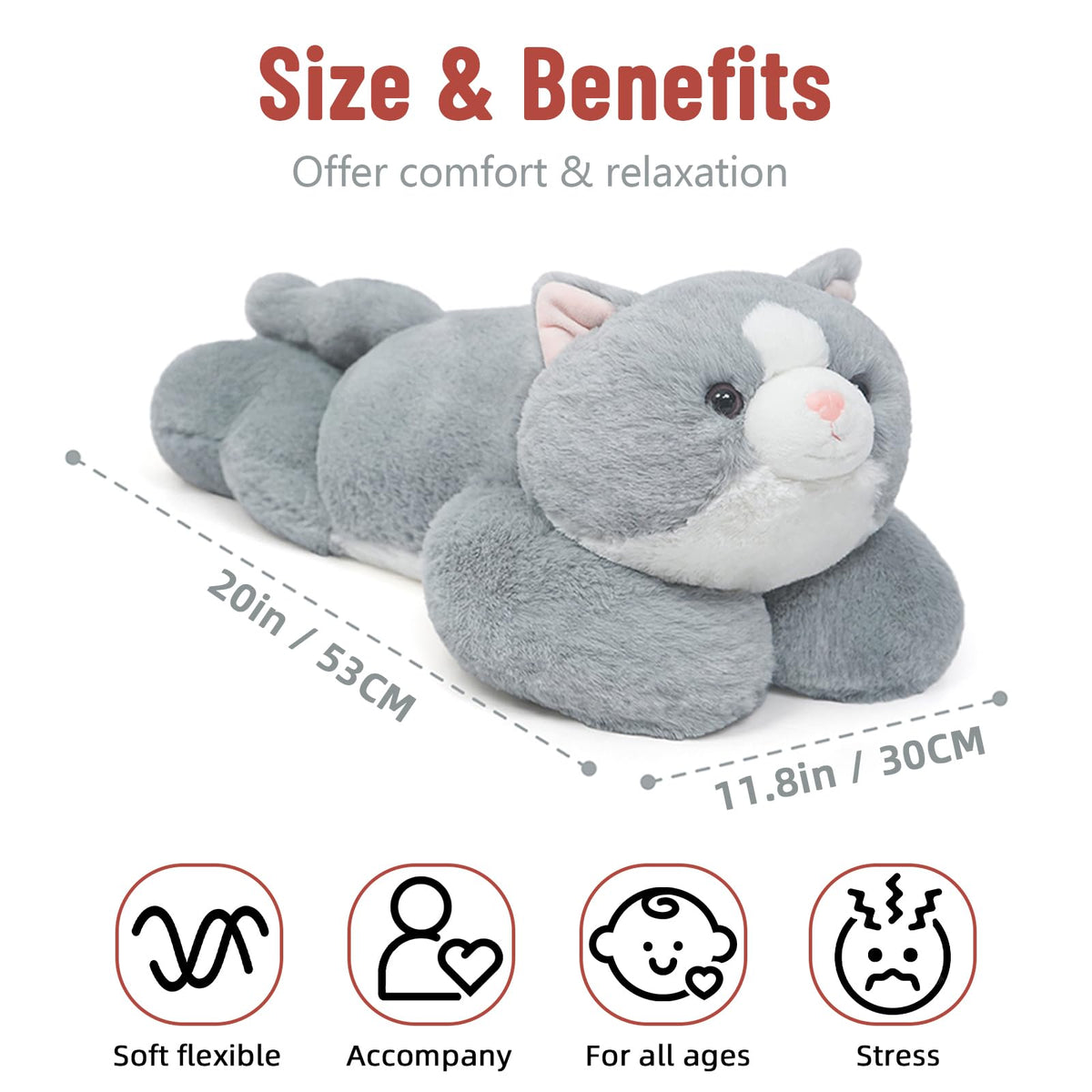 Niuniu Daddy weighted cat plush suitable for kids, teens, and adults to cuddle.