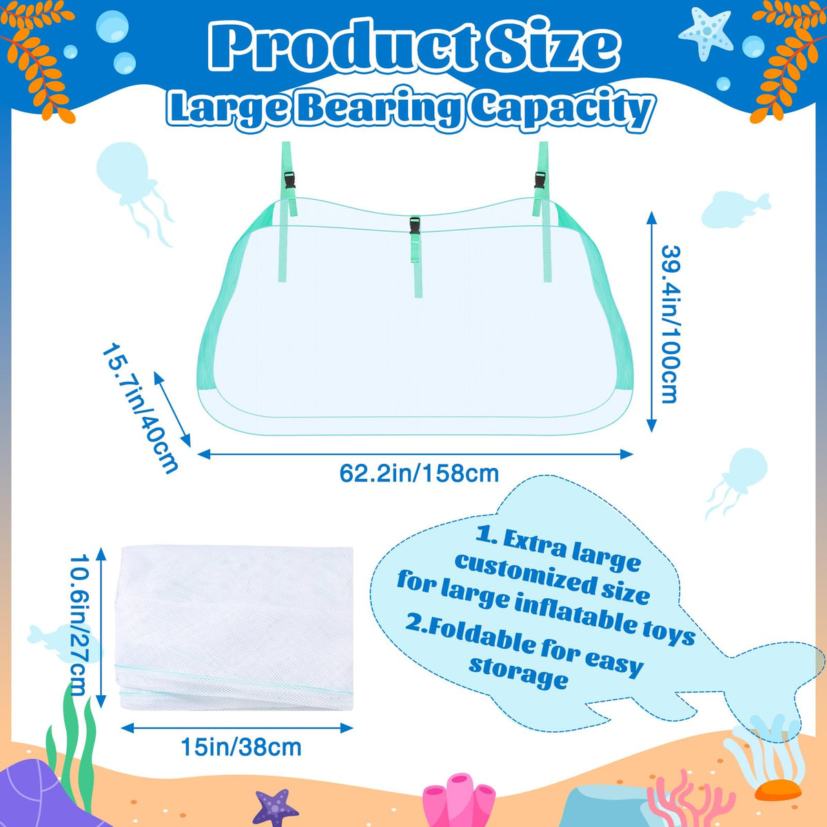 Niuyhe pool float storage net attached to fence keeps toys organized.