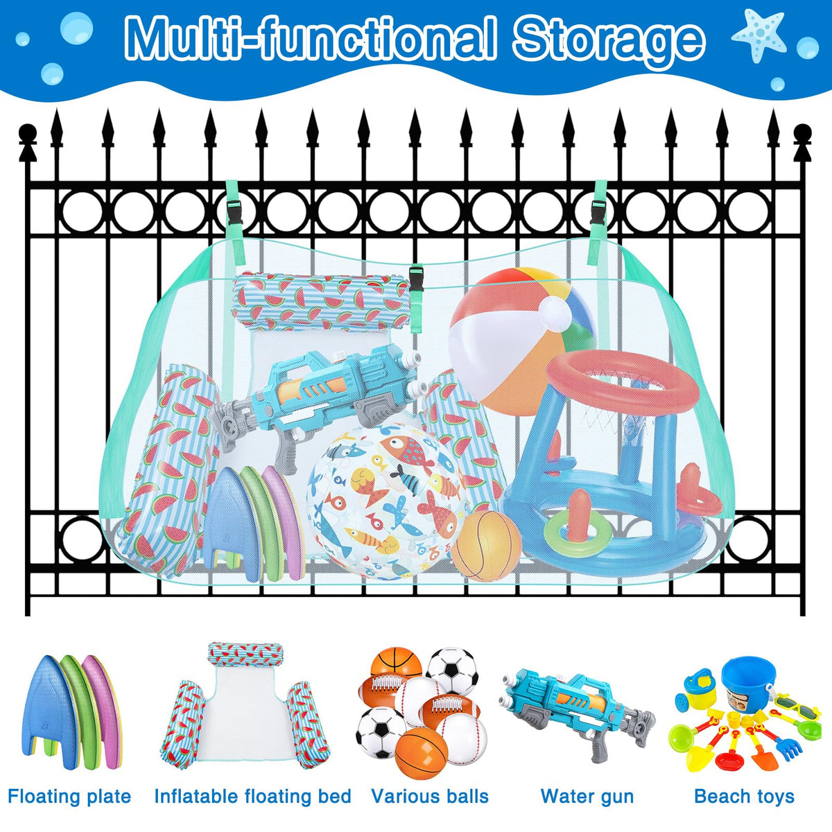 Niuyhe pool float storage net backyard setup keeps the area tidy.