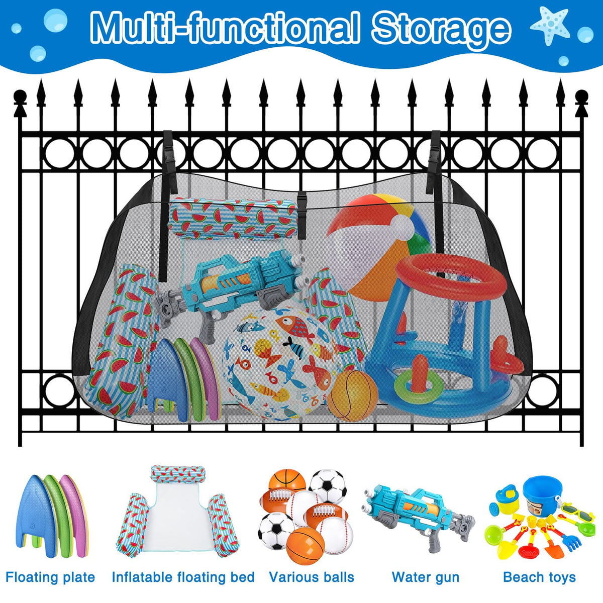 Niuyhe pool storage net protects toys from moisture and clutter.