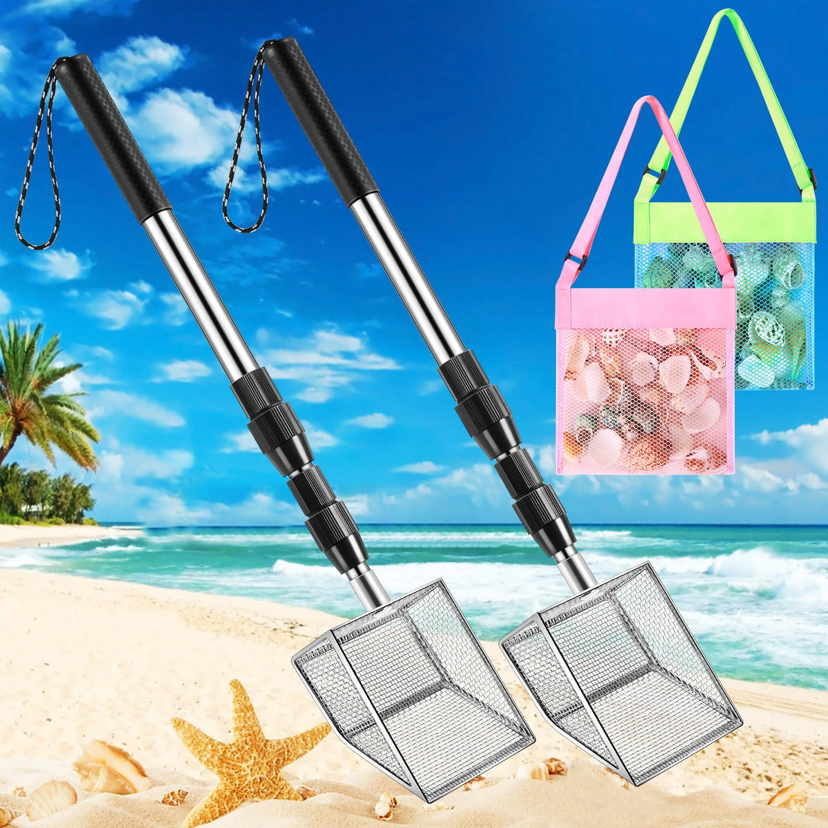Niuyhe shark teeth sifter 4-pack in use on the beach