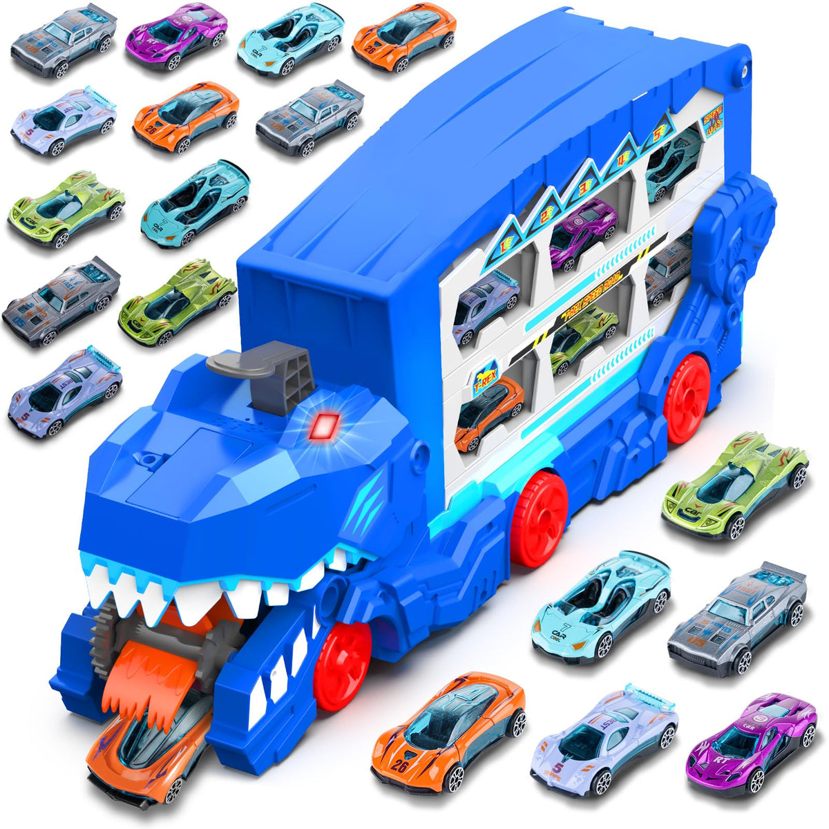 Niwoed Dinosaur Transport Truck front view highlights bright colors for imaginative play