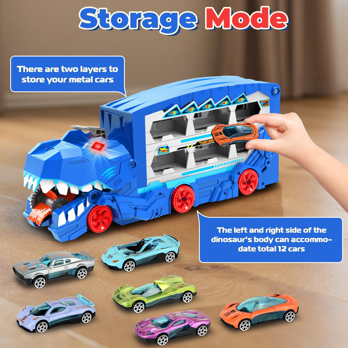 Niwoed Dinosaur Transport Truck launcher action propels cars for fast races