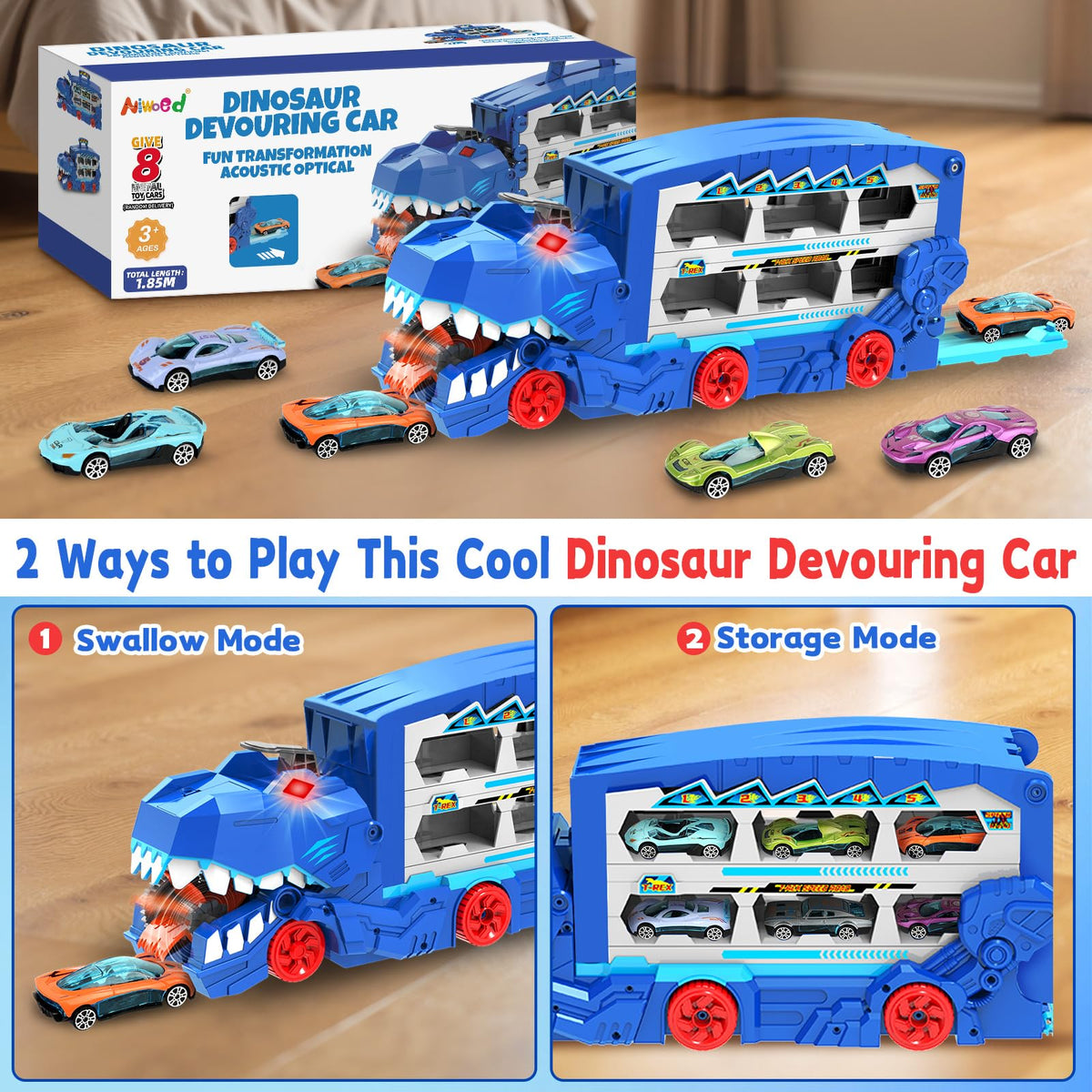 Niwoed Dinosaur Transport Truck open latch enables quick loading of cars