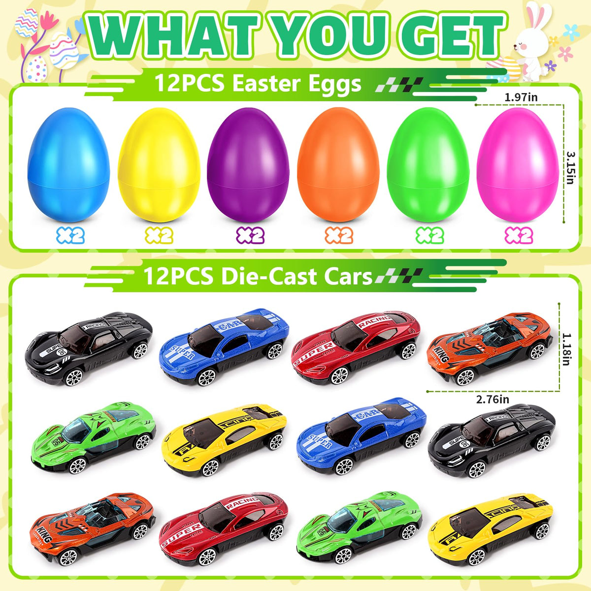 NizyDue die-cast cars inside an Easter egg ready for push-and-go play.