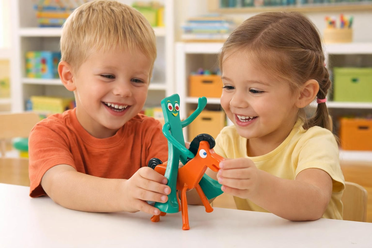 Detailed retro design of Gumby and Pokey with bendable joints for endless posing.
