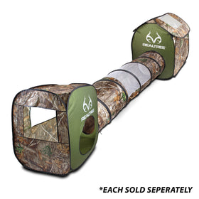 NKOK Realtree Play House back secret entrance adjacent to 6-foot tunnel compatibility.