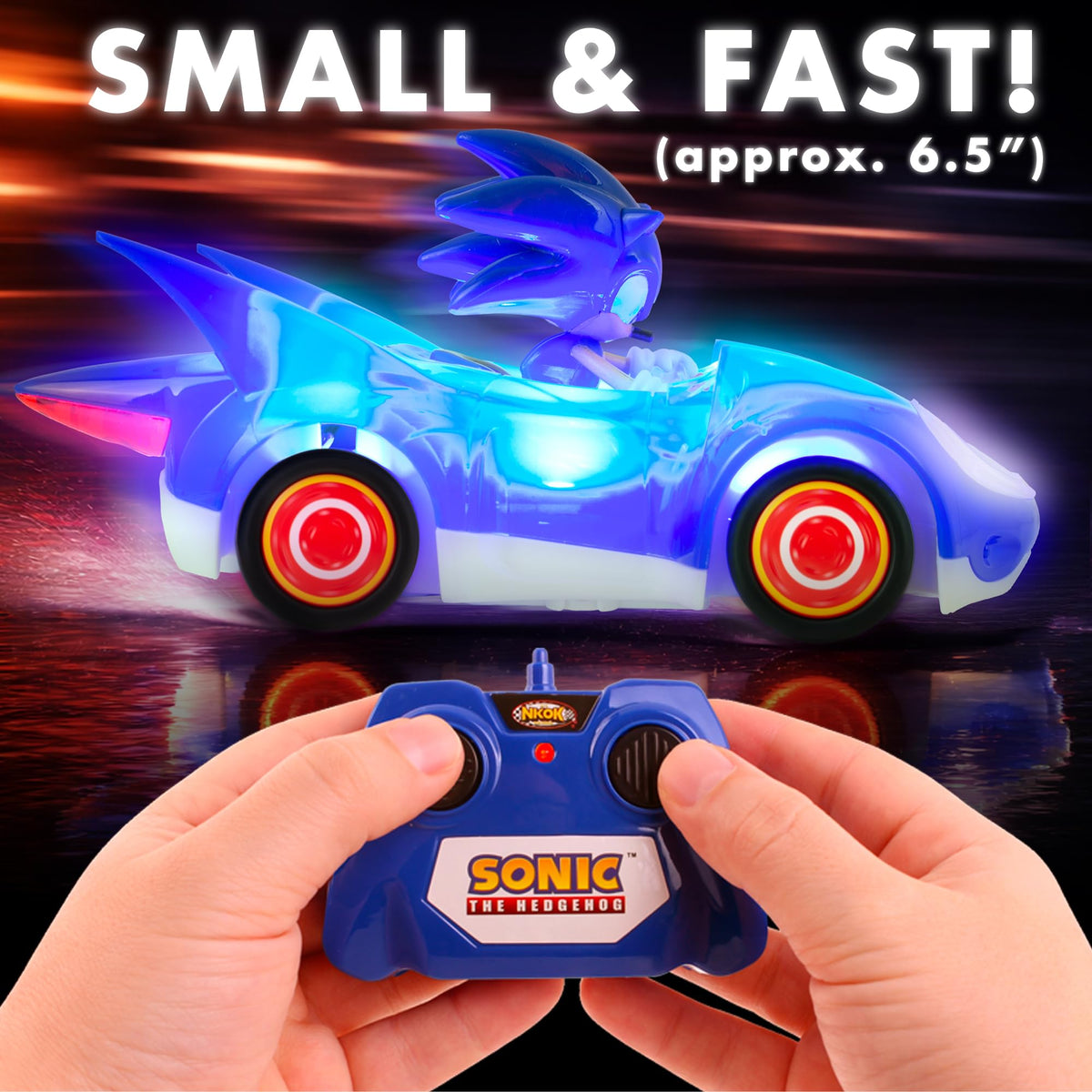 NKOK Sonic Glow Racer compact 6.5-inch size for easy handling by kids.