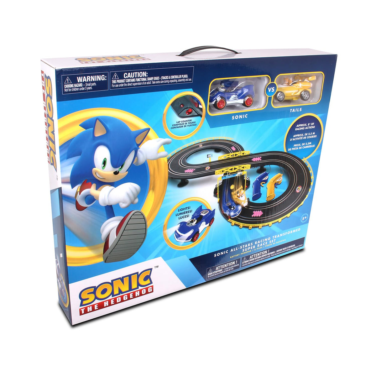 NKOK Sonic and Tails RC slot cars on a figure-8 track with headlights for dynamic play