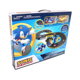 NKOK Sonic and Tails RC slot cars on a figure-8 track with headlights for dynamic play