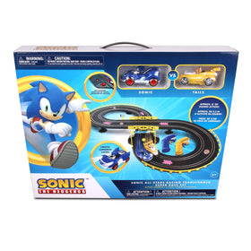 Licensed Sonic and Tails cars with working headlights lighting the track