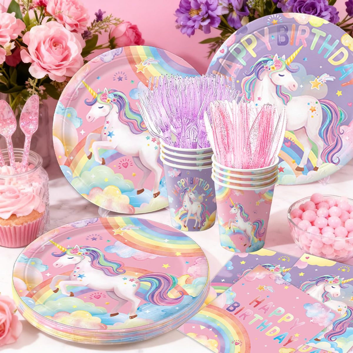 NKPDAXM unicorn tablecloths with rainbow motifs to protect surfaces