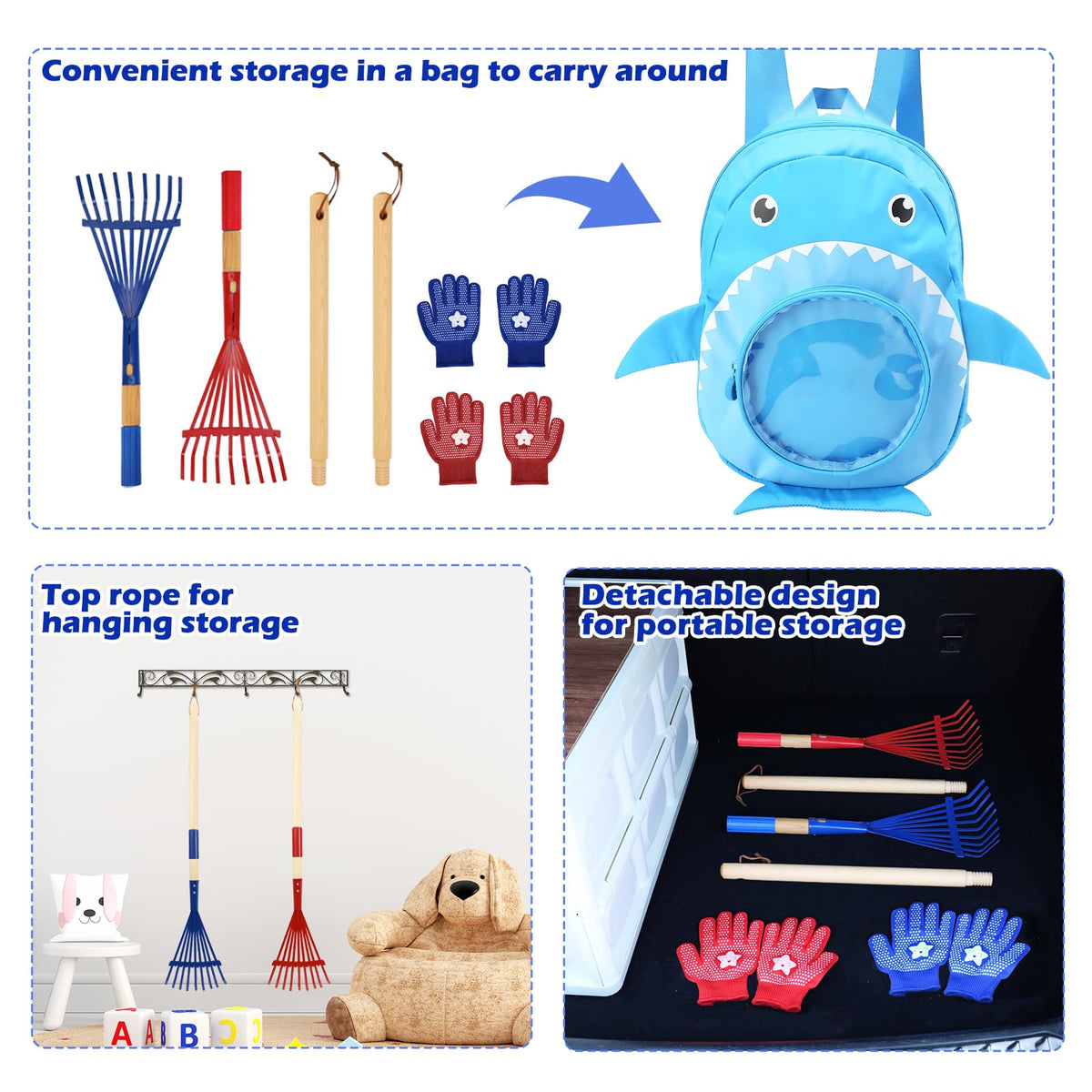 NNG detachable wooden handle rake showcasing easy storage design.