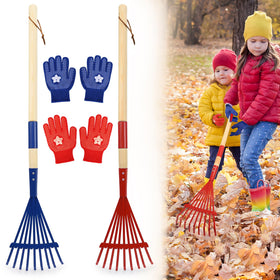 NNG kids red leaf rake with wooden handle for easy yard cleanup.