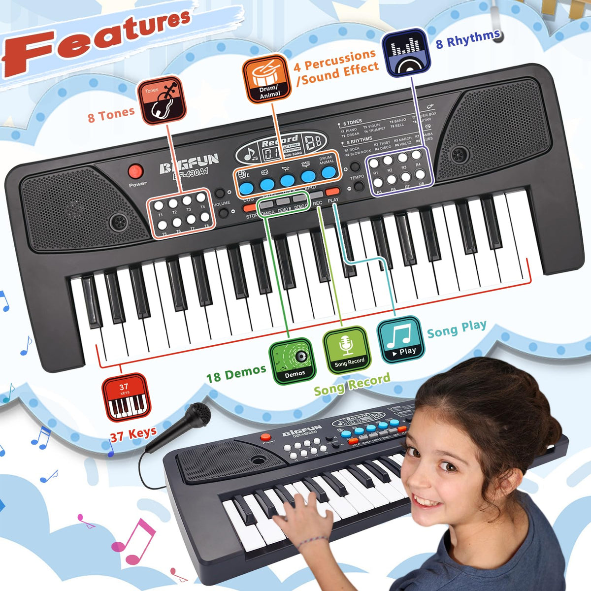 Noaideoi Kids Piano Keyboard with Microphone demonstrating singing while playing for confident performances.