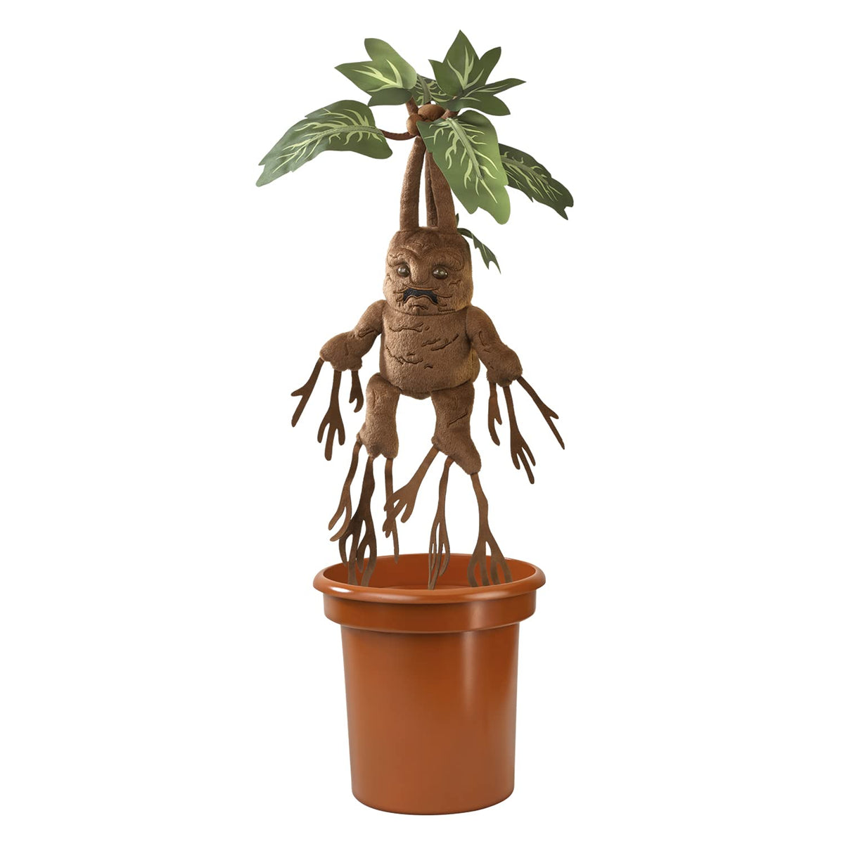 The Noble Collection mandrake in pot closeup, soft and cuddly for fans.
