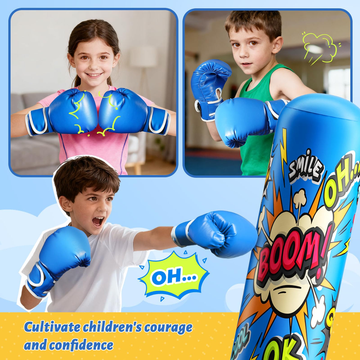 Kids playing with the NOCNPSW punching bag indoors