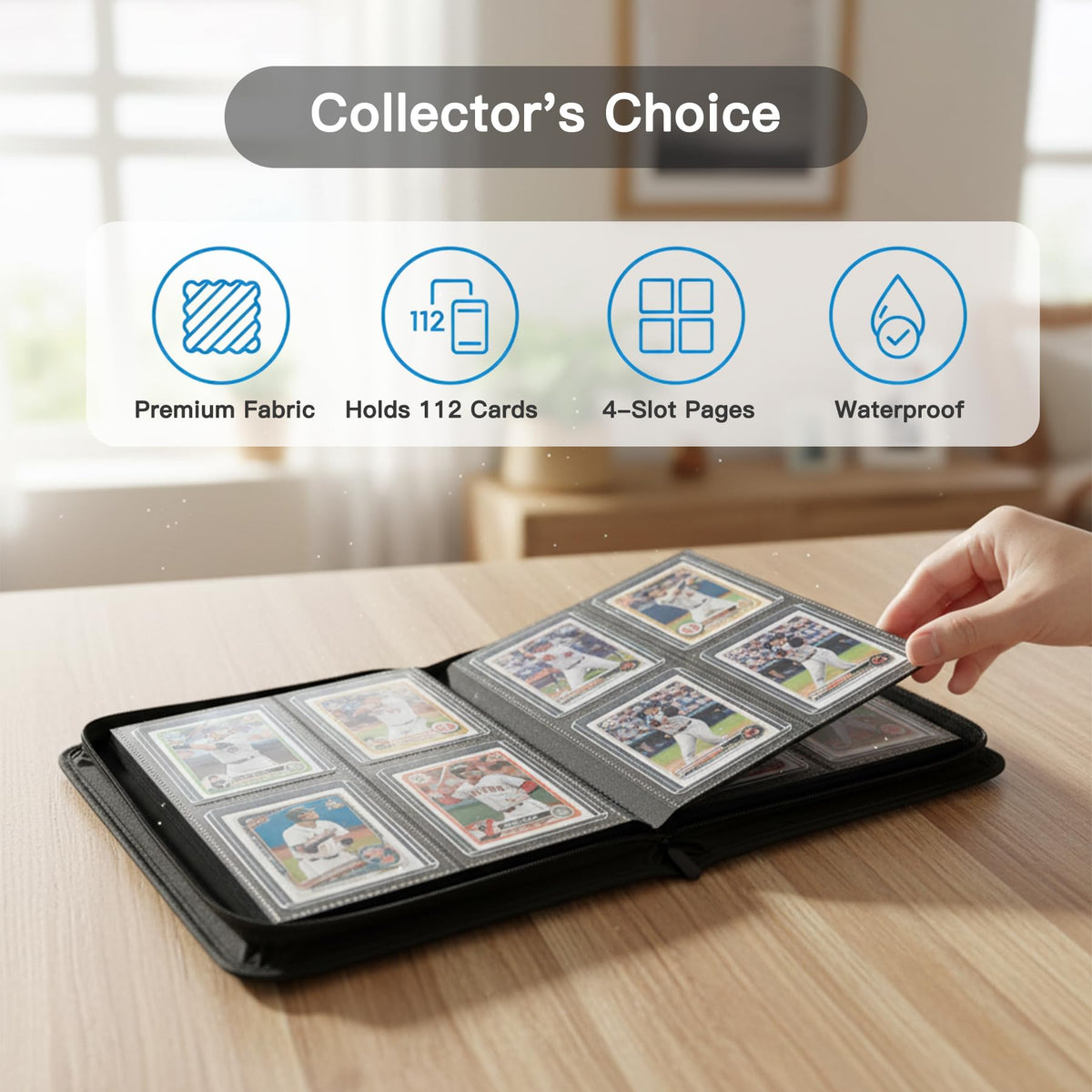 Nocyyert Toploader Binder side-loading sleeves prevent spills and keep cards secure.