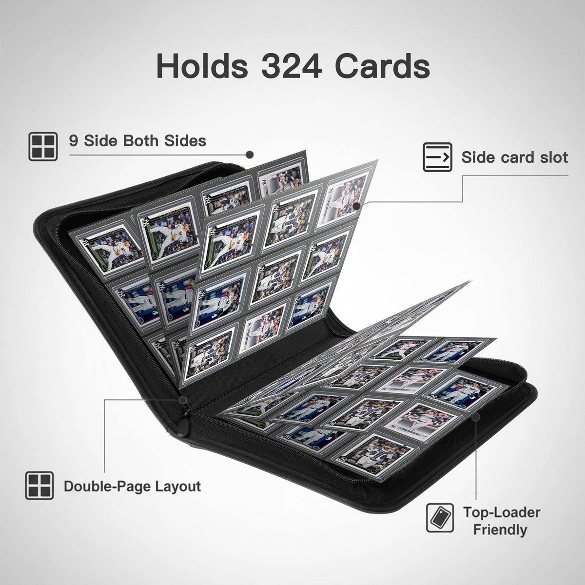 Nocyyert Toploader Binder side-loading sleeves secure sleeved cards while staying visible.