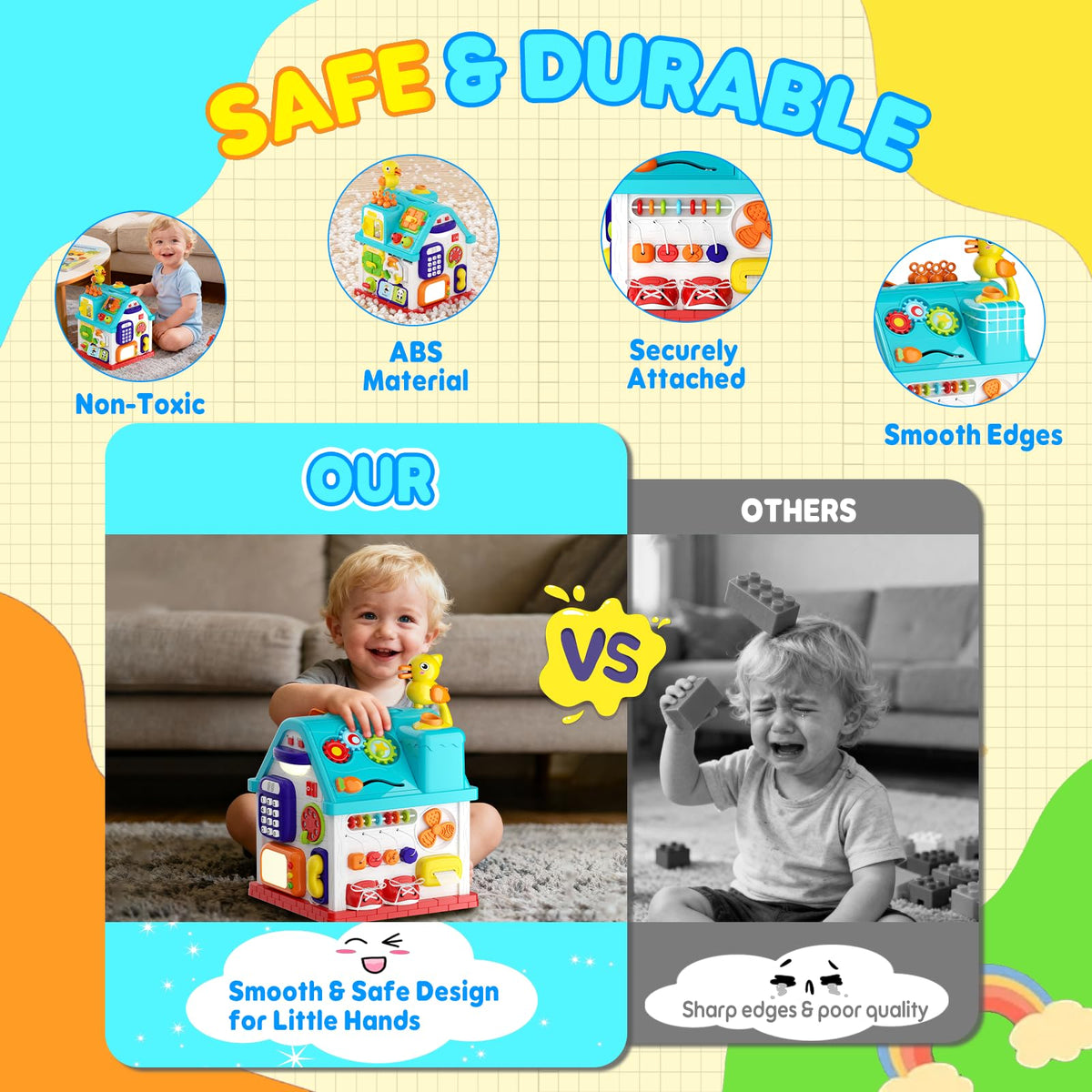 Noltola Toddler Musical Learning House animal windows invite recognition and color association.