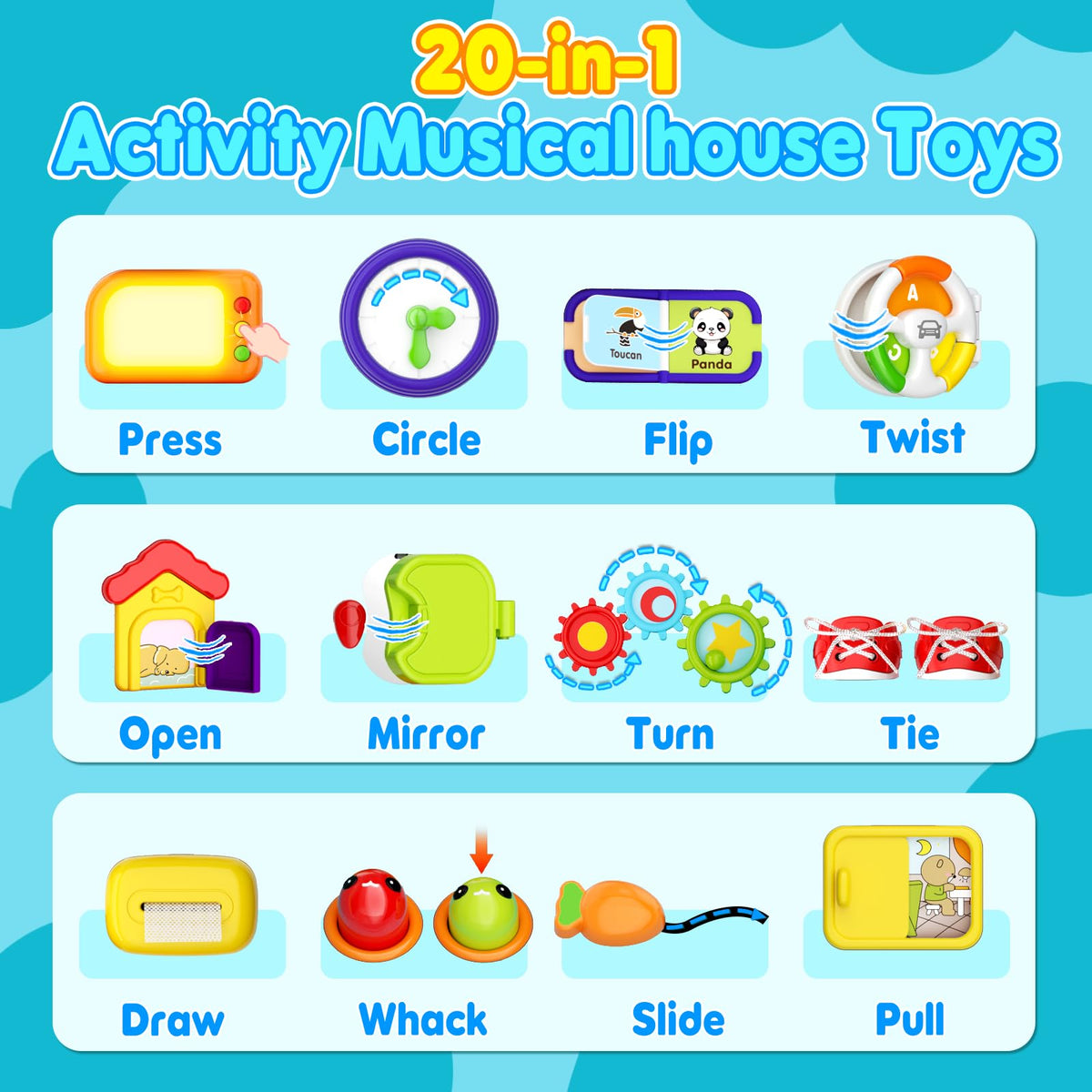 Noltola Toddler Musical Learning House unlocking design promotes fine motor practice.