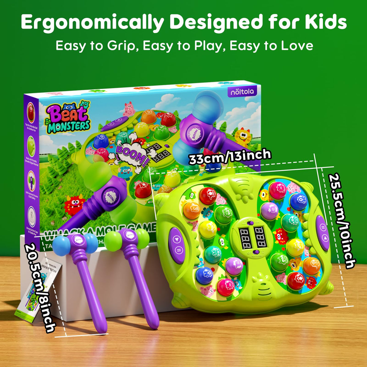 Noltola Whack Mole game safety design highlights non-toxic materials and rounded edges