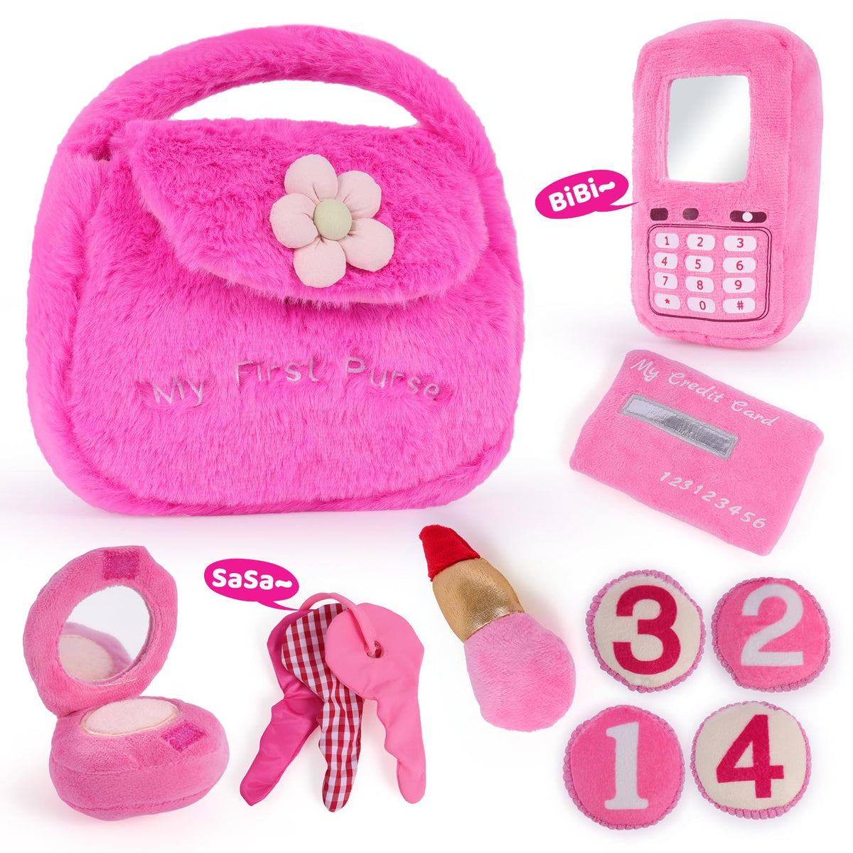Noosuna Plush Toddler Purse with accessories for multisensory pretend play