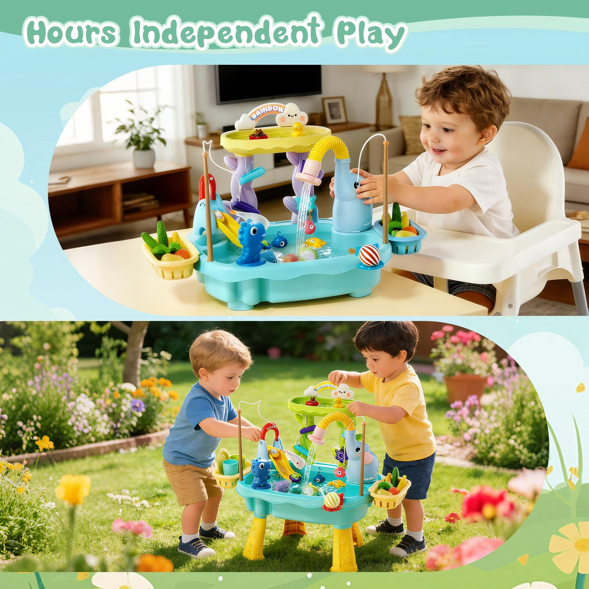 NOPROB vegetables and utensils plus fishing rods included for imaginative play.