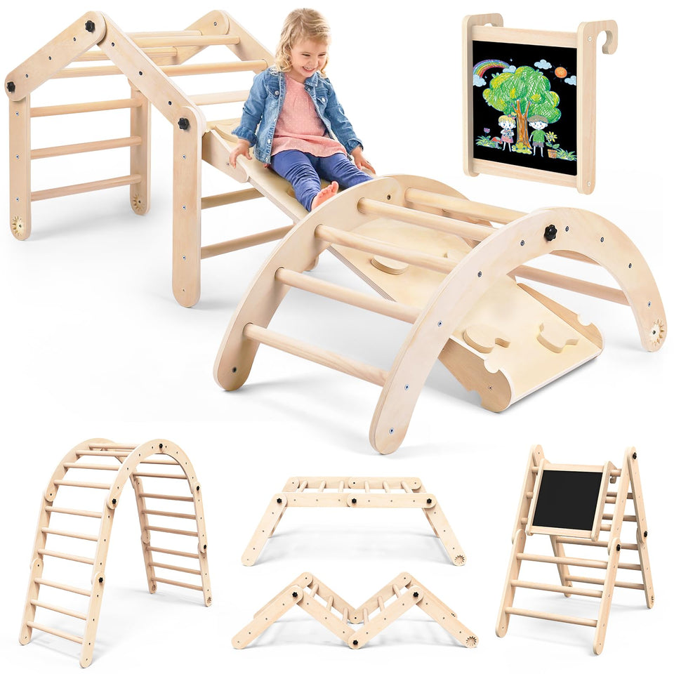Norbee Pikler triangle foldable wooden frame for safe indoor climbing and storage.
