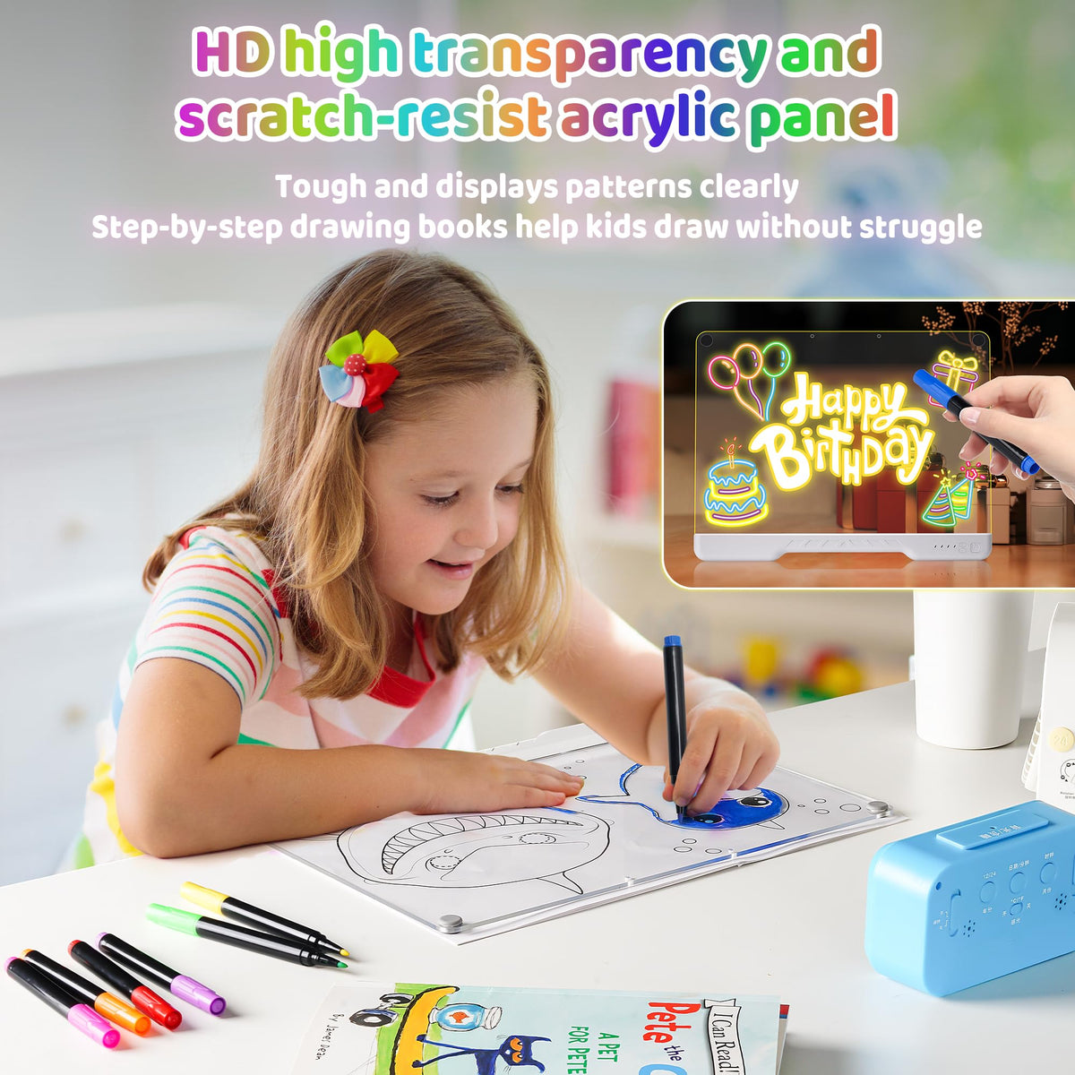 NORCOOL LED drawing board in use with a child drawing a colorful scene