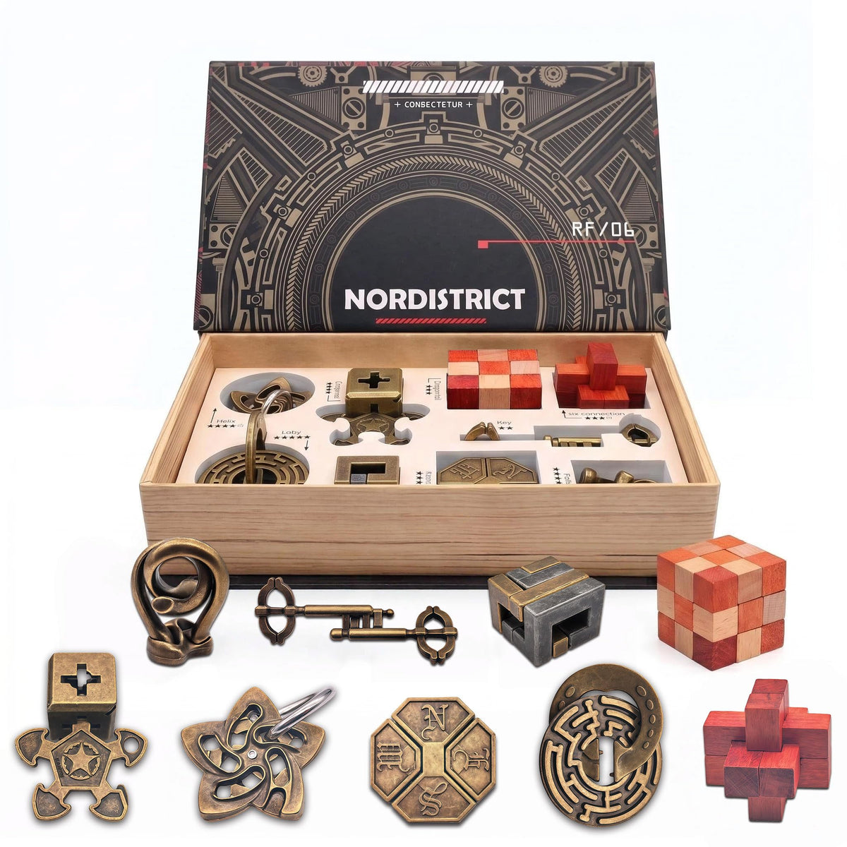 Nordistrict 9PCS metal brain teaser puzzle box set displayed on rack for tabletop fun
