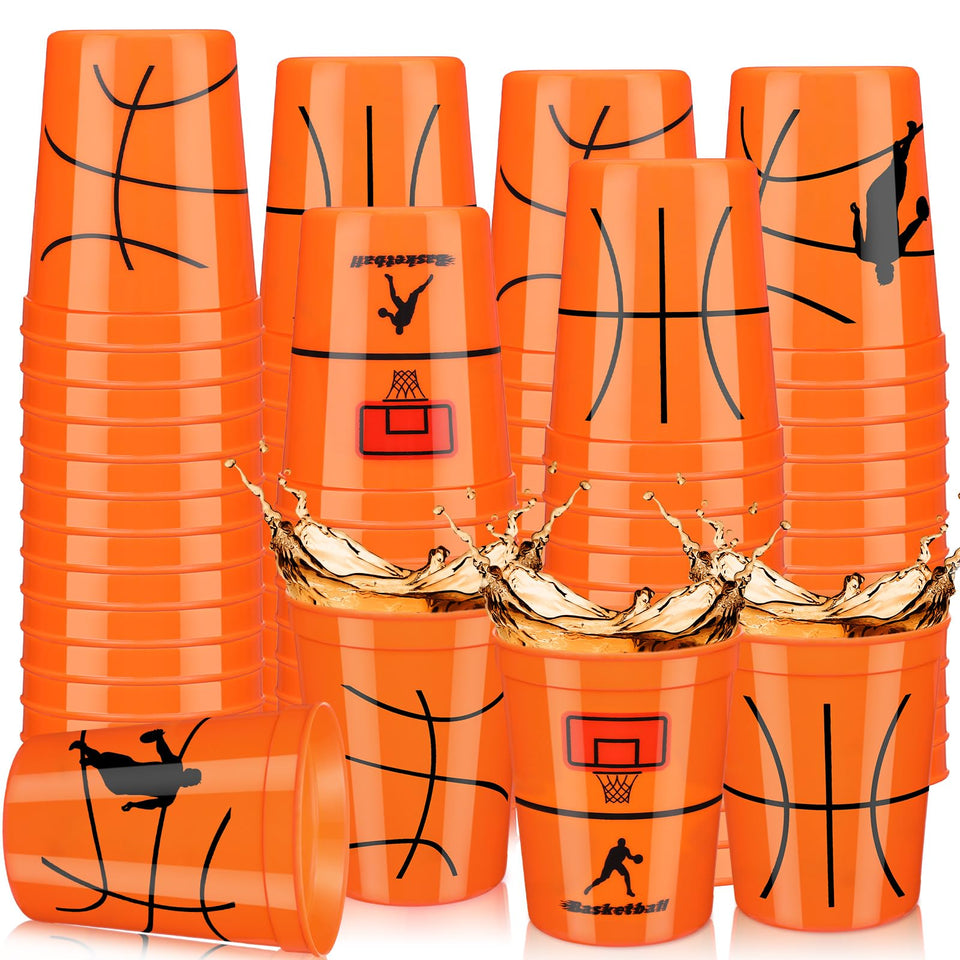 Norme 24-pack basketball cups with bright ball design for festive parties.