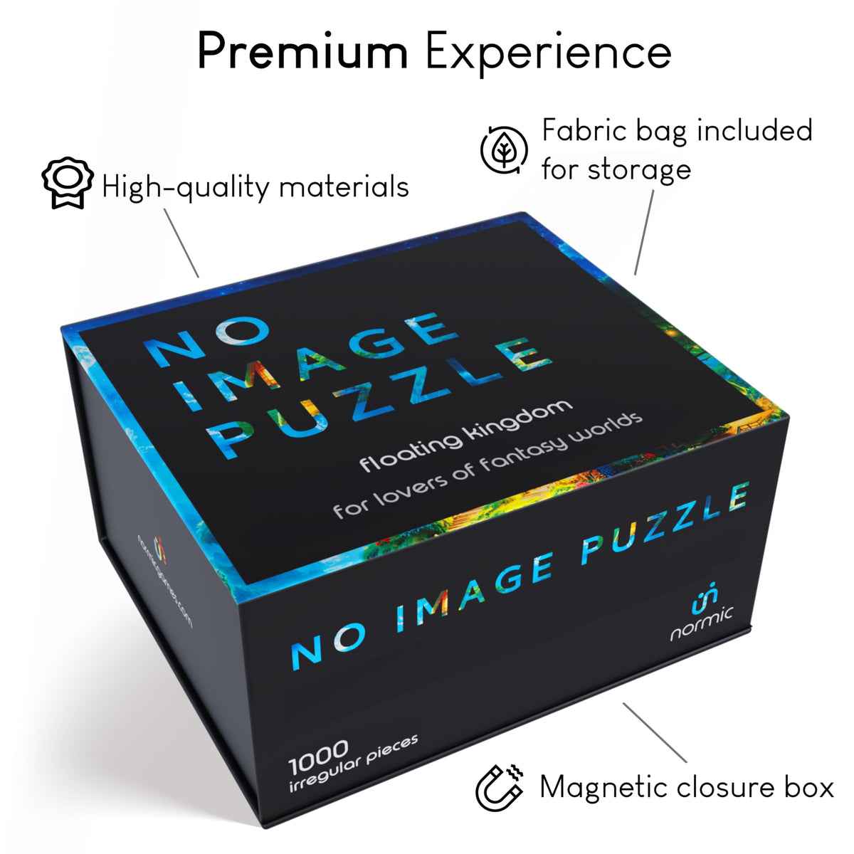 Normic No-Image Puzzle completes at 27x20 inches for immersive viewing.