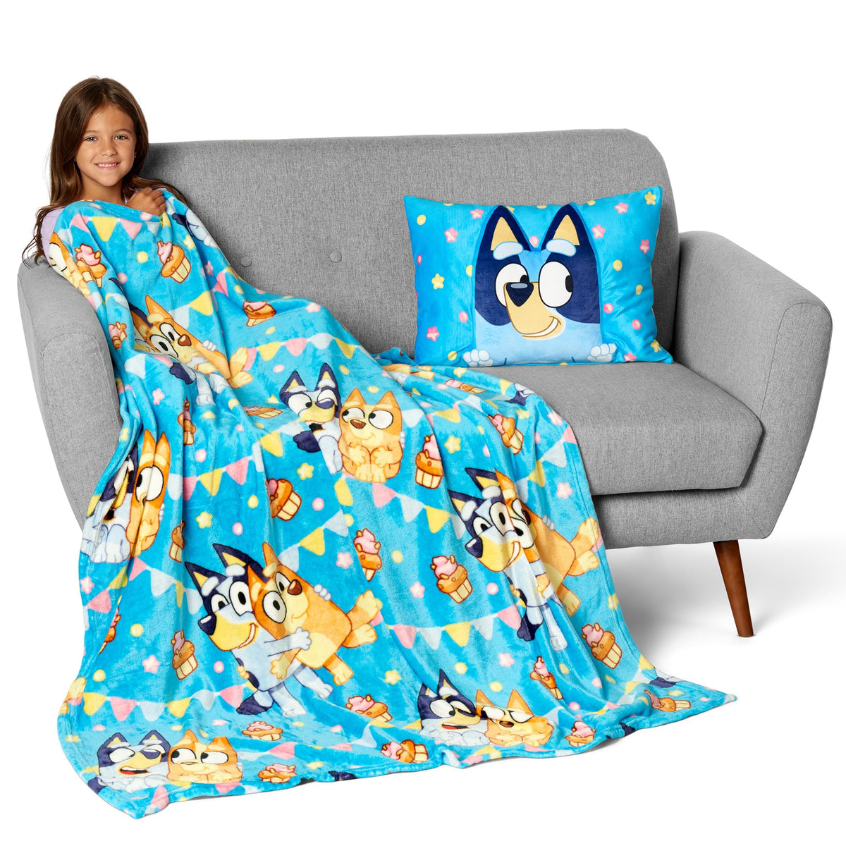 Northwest Bluey Party Pups plush pocket pillow with 3D Bluey for storage and comfort.