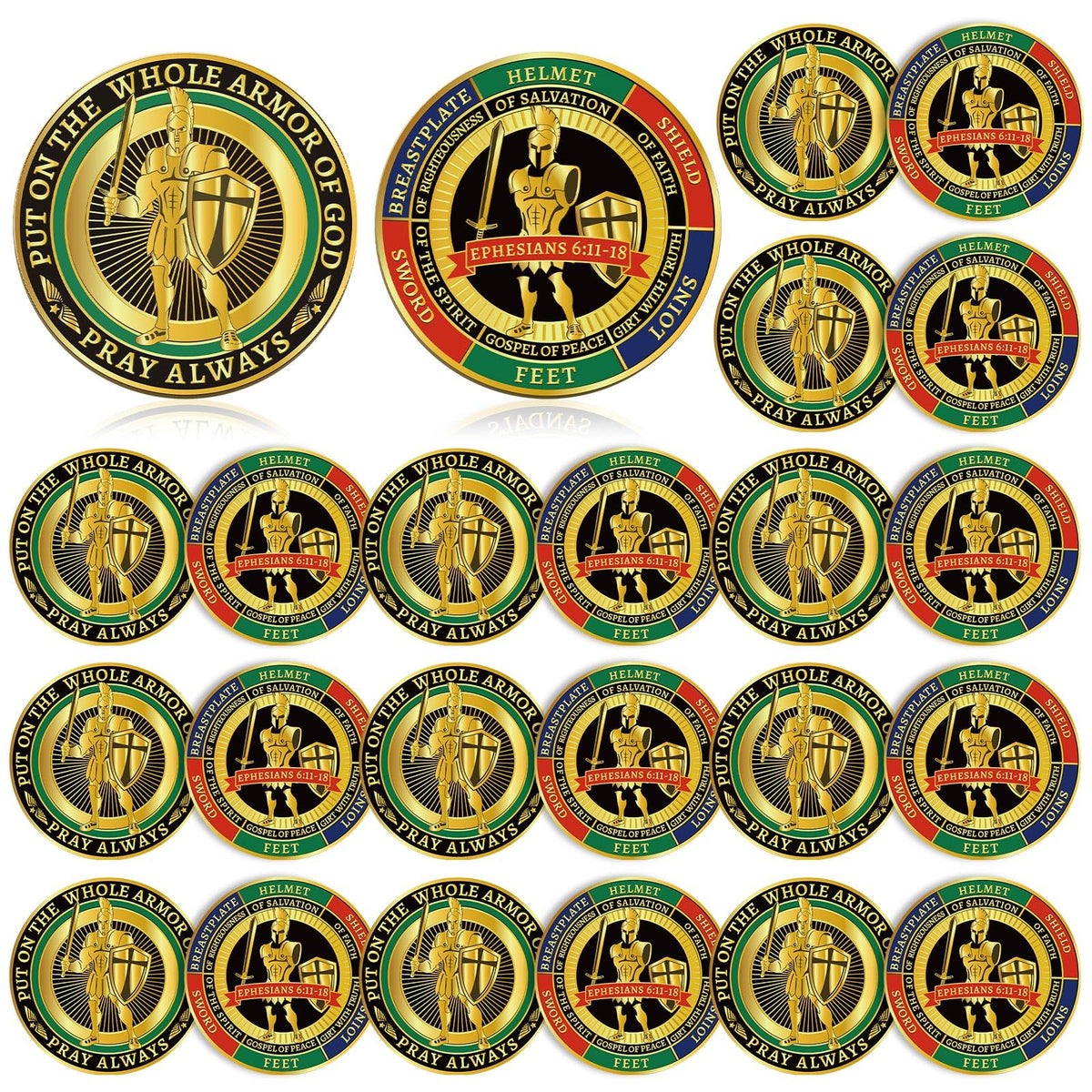 Nosiny Armor of God coin front view with detailed faith symbols for reflection