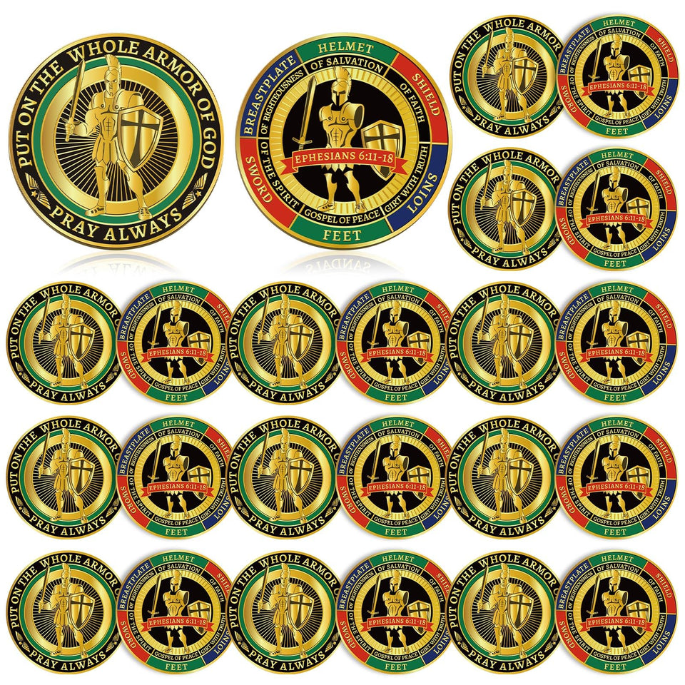 Nosiny Armor of God coin front view with detailed faith symbols for reflection