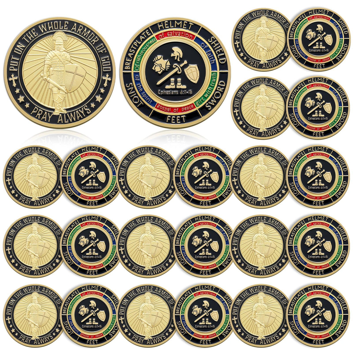 Nosiny Armor of God coins 20-pack viewed in packaging, ideal for sharing with believers.
