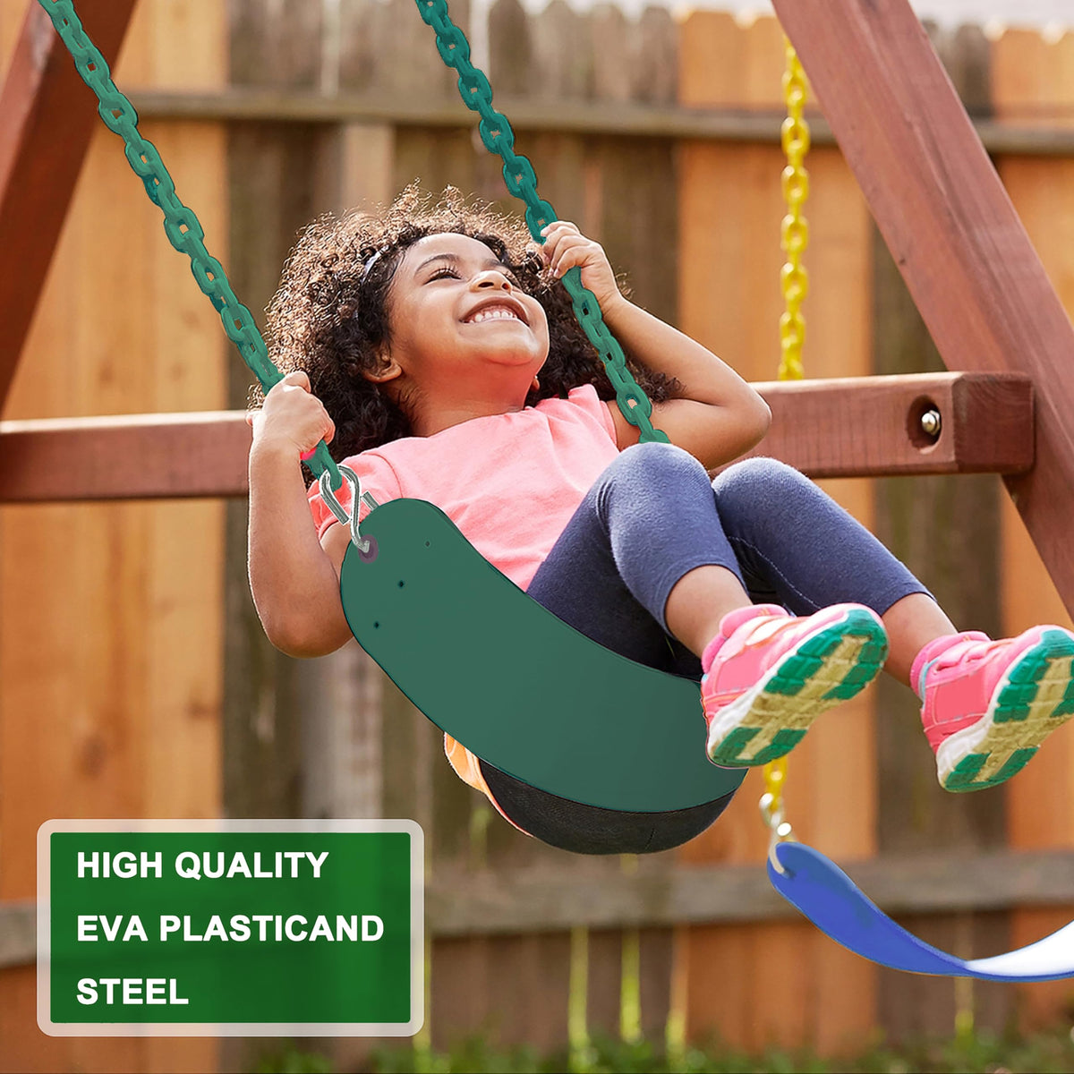 Backyard ambience with Nostify swing adds motion and color to the lawn.