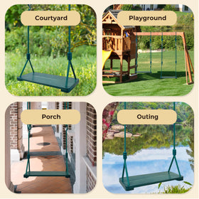 NOSTIFY nighttime swing lit with string lights, creating a cozy outdoor ambiance