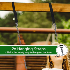 Snap hooks and chain assembly shown for smooth outdoor setup.