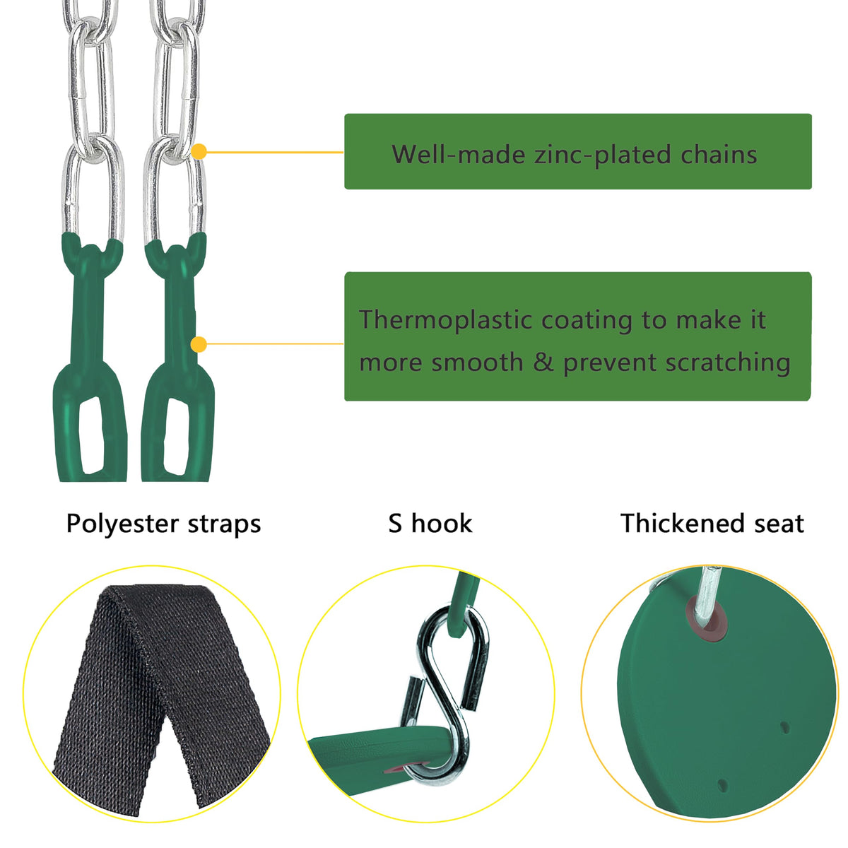 Tree hanging straps secured around a sturdy branch enable easy safe installation.