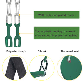 Tree hanging straps secured around a sturdy branch enable easy safe installation.