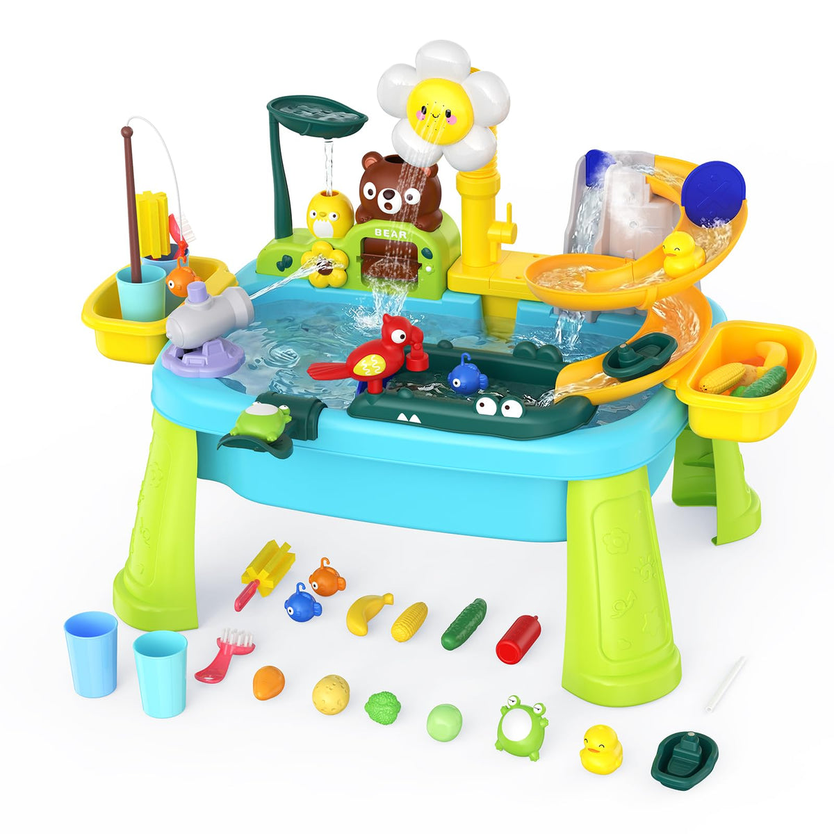 Noufwa water table blue outdoor kitchen setup for imaginative play and sensory learning.