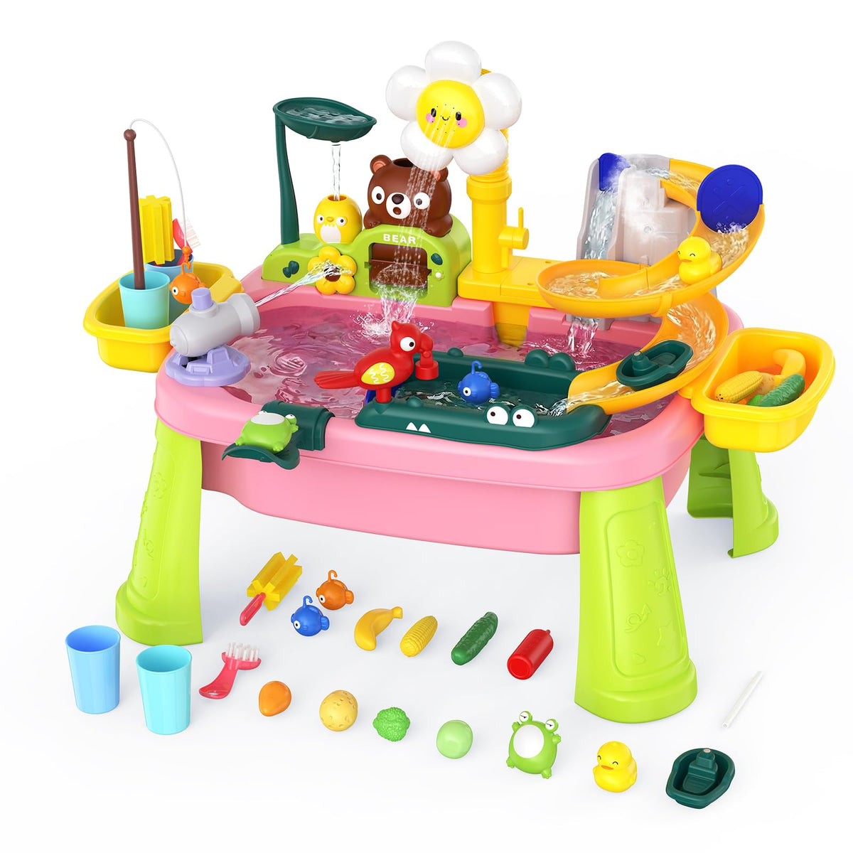 Noufwa water table for toddlers in pink with running water for sensory play and pretend dishwashing