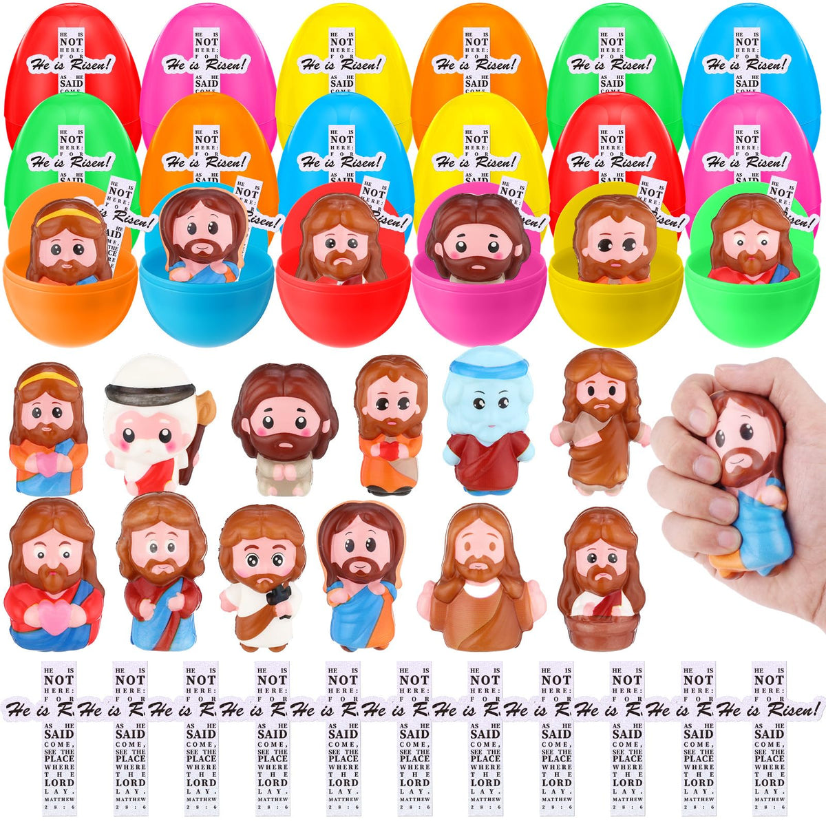 Novabright mini Jesus squeeze figures inside colorful Easter eggs for hunts