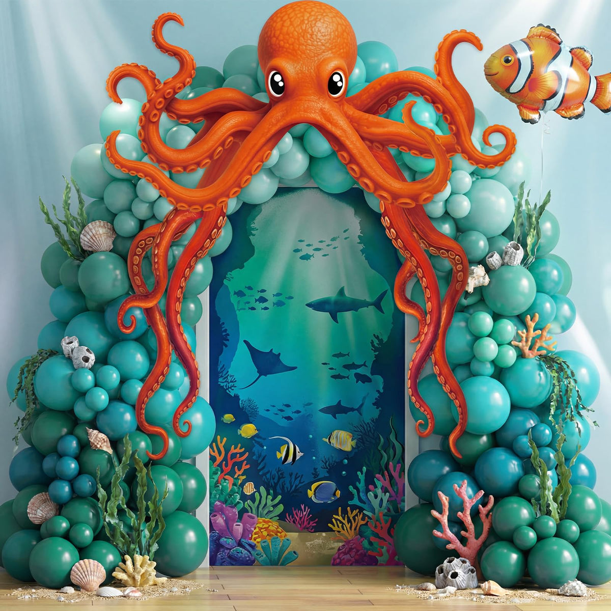 Novabright Octopus door banner immersive backdrop transforms spaces into underwater scenes.