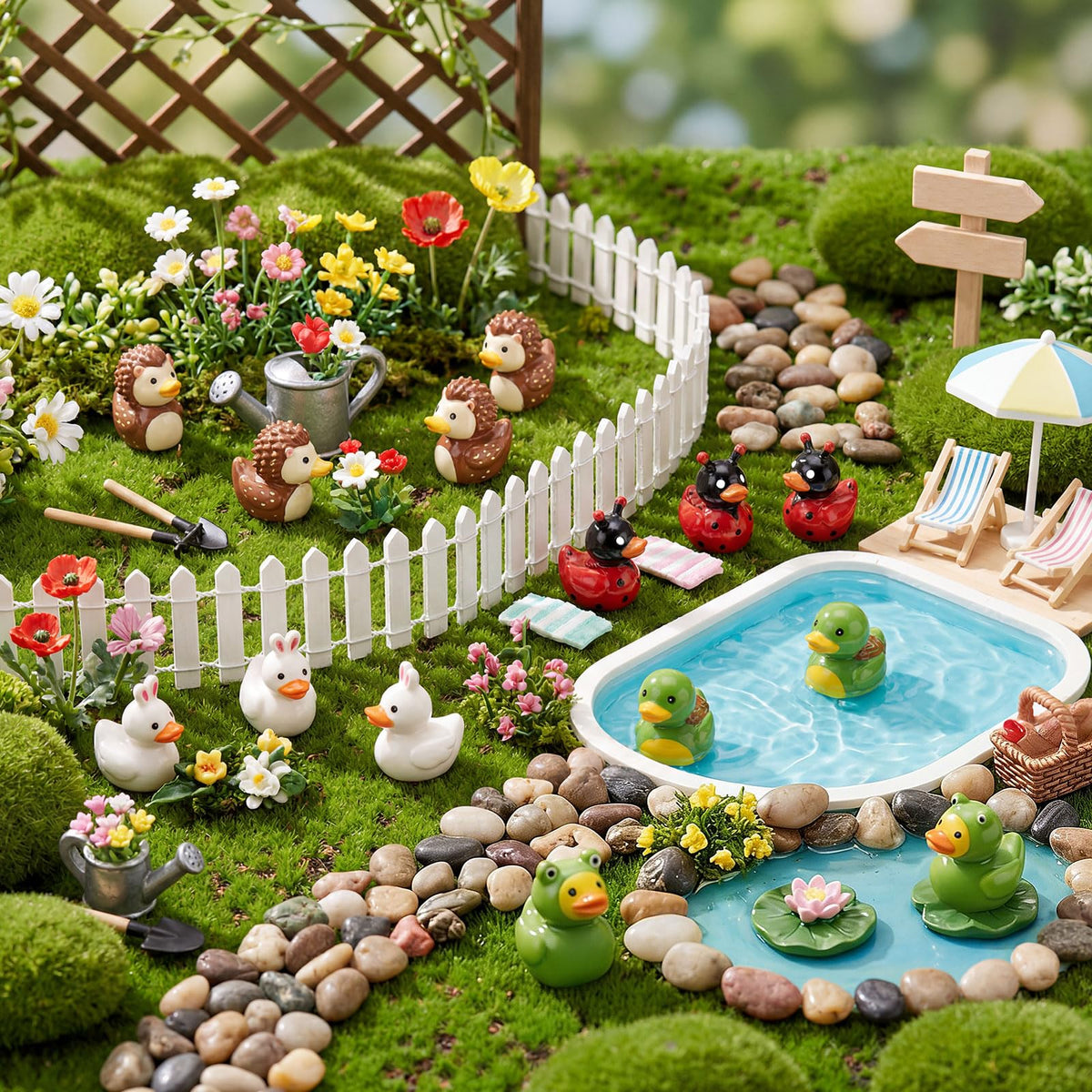 Novabright tiny resin animals ducks in garden scene displays