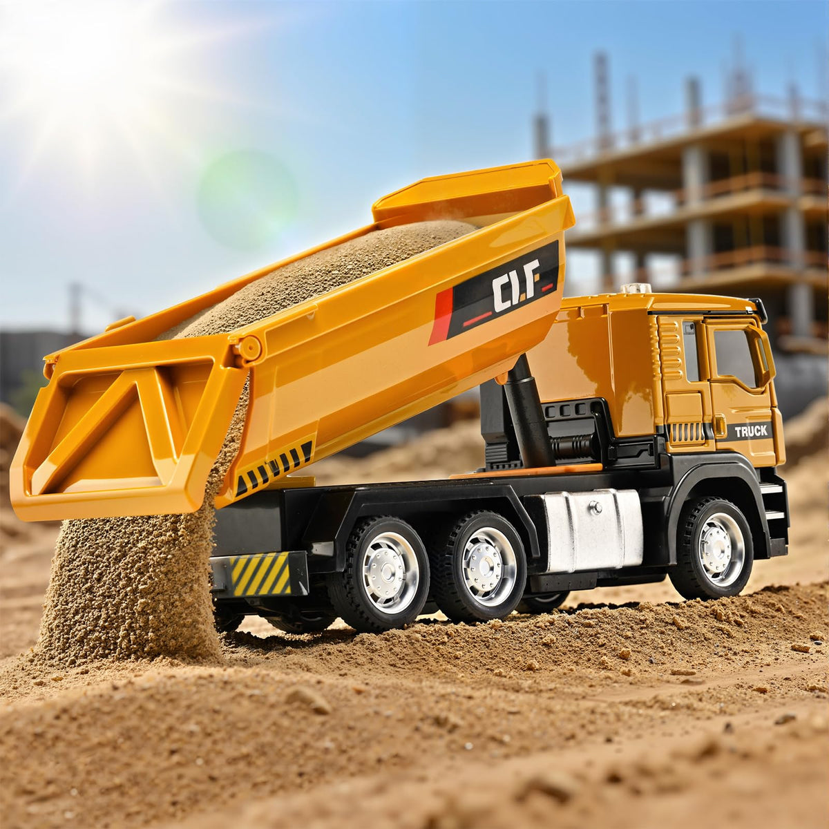 NOVAFUSION dump truck toy with lifting dump box for dynamic unloading.