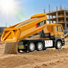 NOVAFUSION dump truck toy with lifting dump box for dynamic unloading.